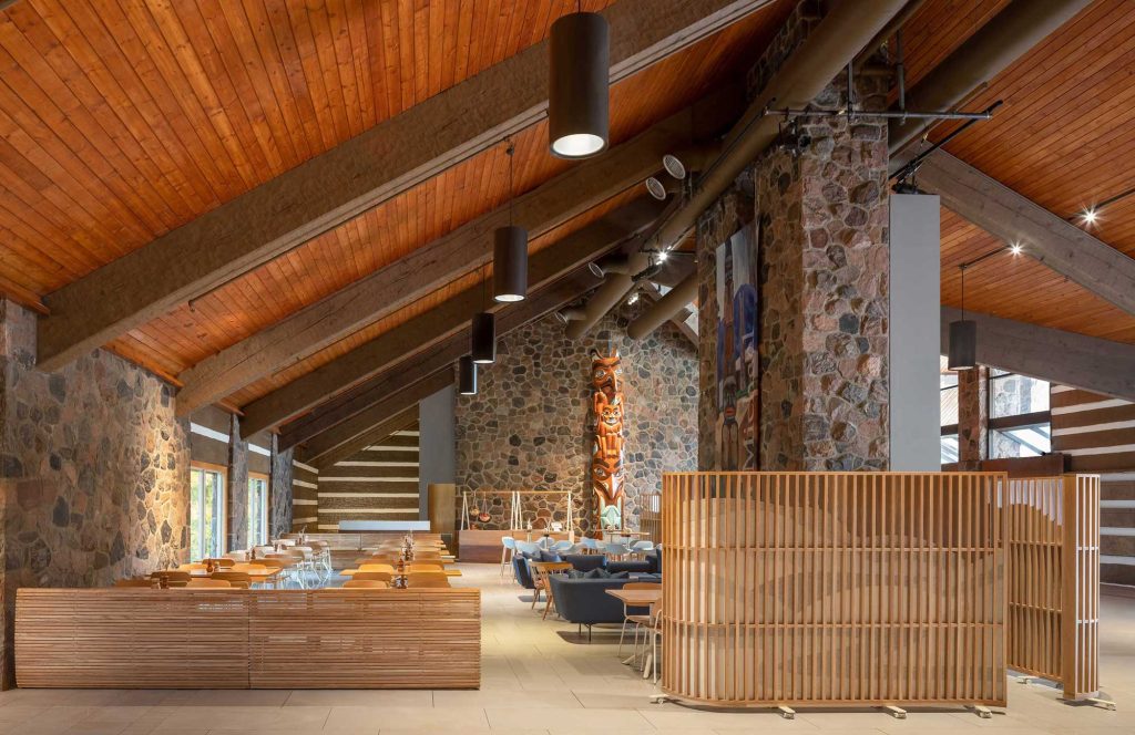 Two screens demarcate space in the cafe area at the McMichael Canadian Art Collection.