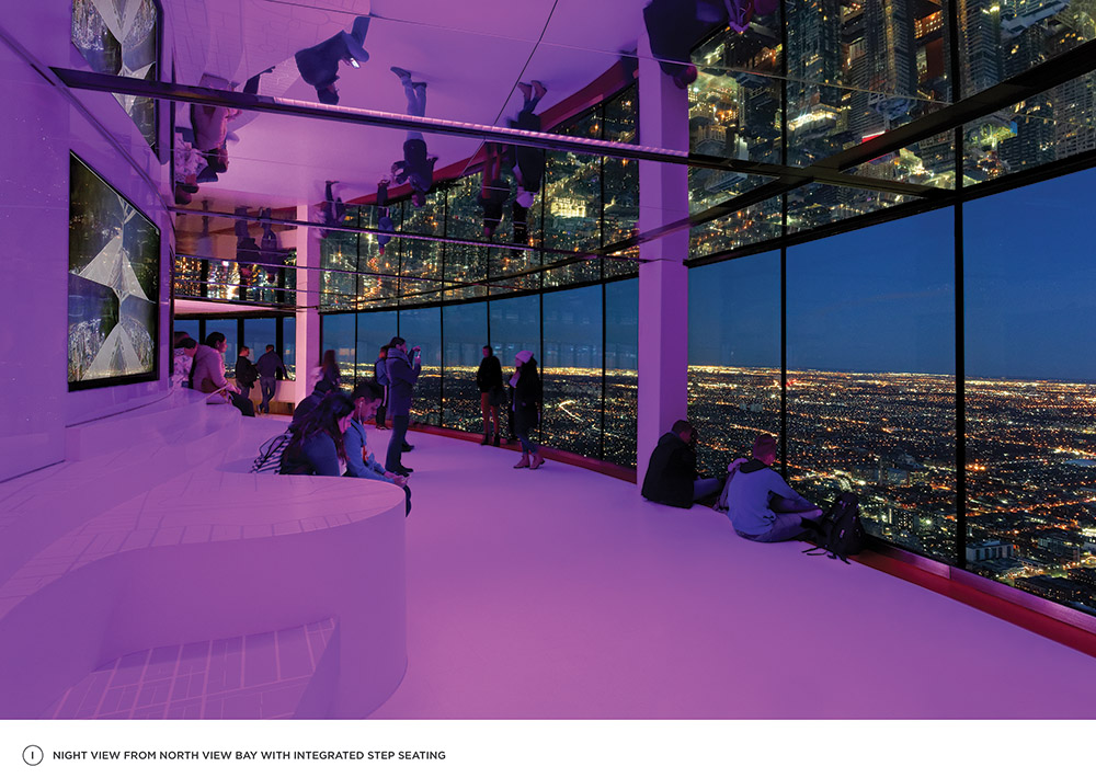 Night view from North view bay with integrated step seating