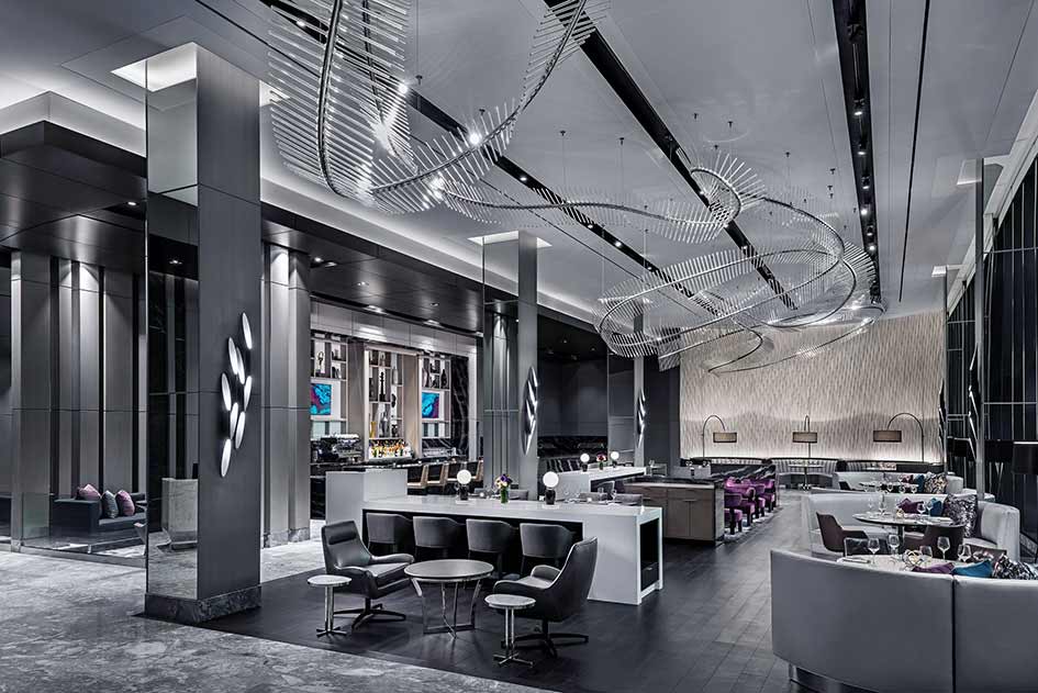 Another view of the entire bar and lounge area with the long crystal installation across the ceiling