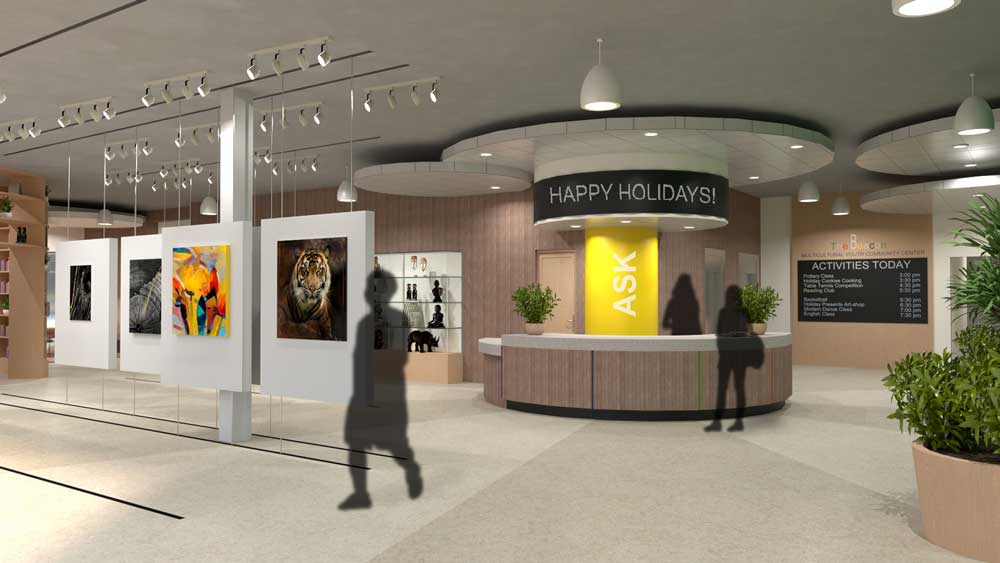 Reception area with a gallery display for art work