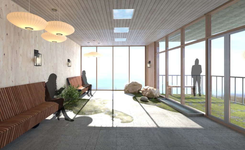Michelle Booy's waiting area surrounded by glass walls with views on all sides
