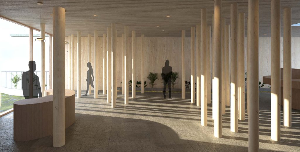 Michelle Booy's reception area with wooden round beams throughout