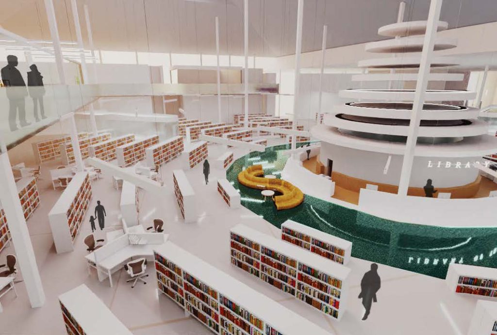 Rose Hopkins' central view of the library from the top looking down at the central round tower and book shelving all around it