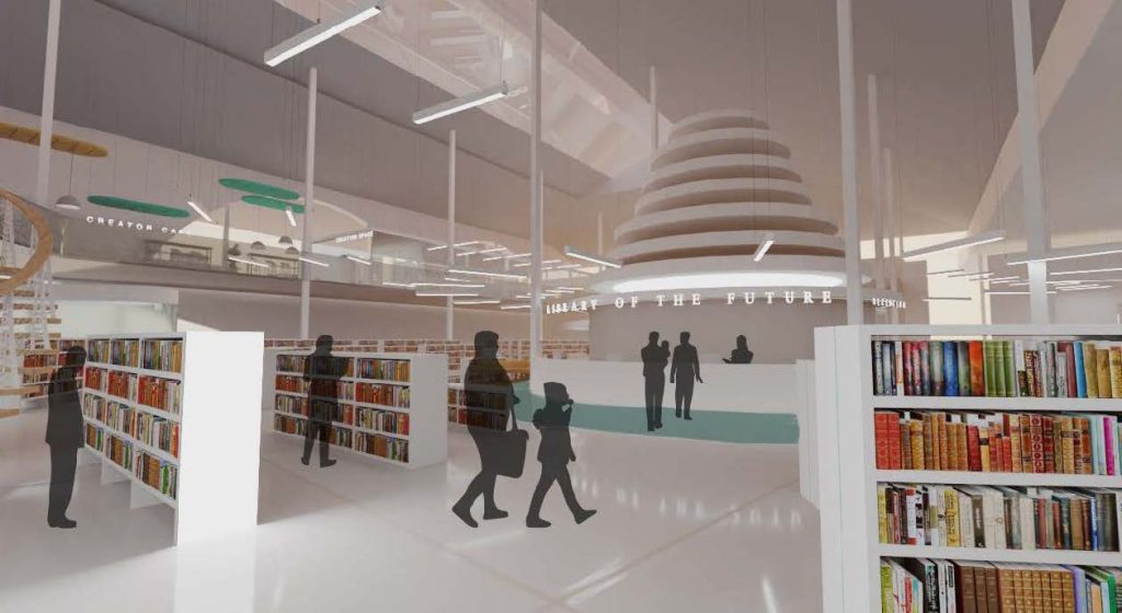 Rose Hopkins' library area looking at the central round structure from between the book shelves