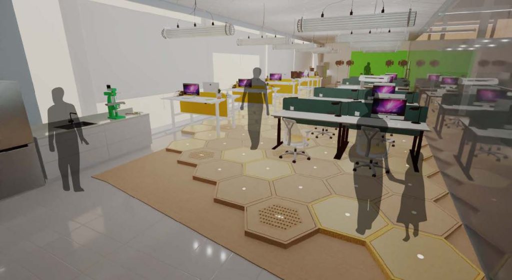 Rose Hopkins' classroom type of space with hexagon floor detail, modern furniture and lighting equiped with new computers and equipment