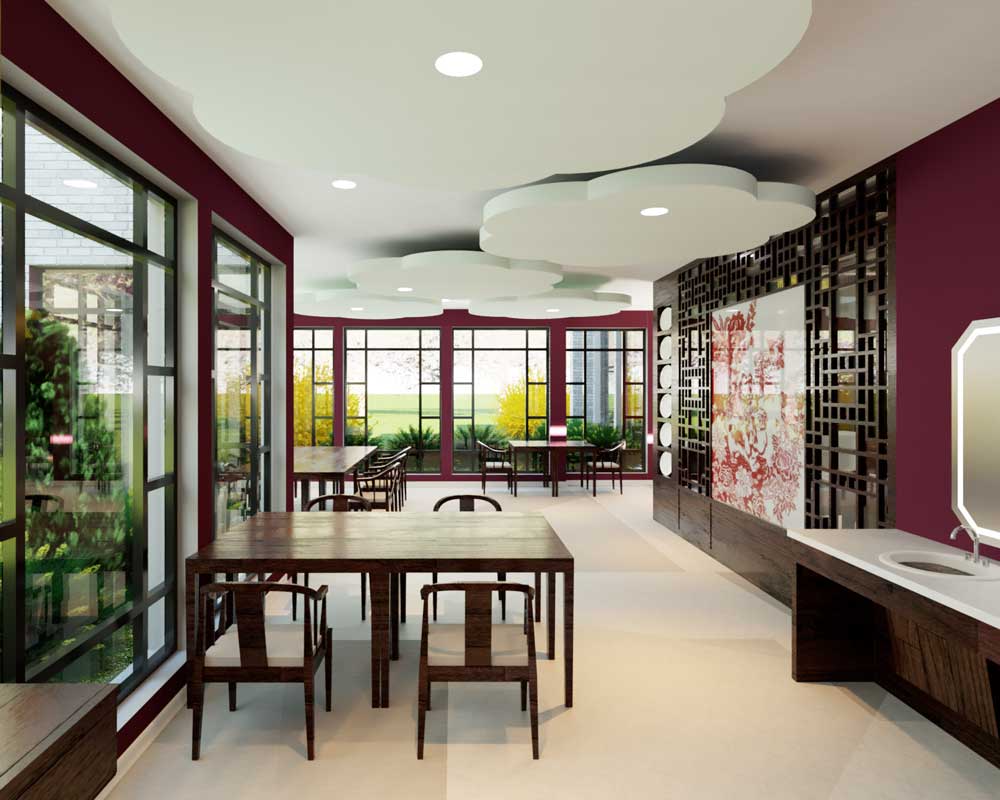 Restaurant with lotus ceiling detail designed by Conestoga BID student Sudan Daisy Zheng