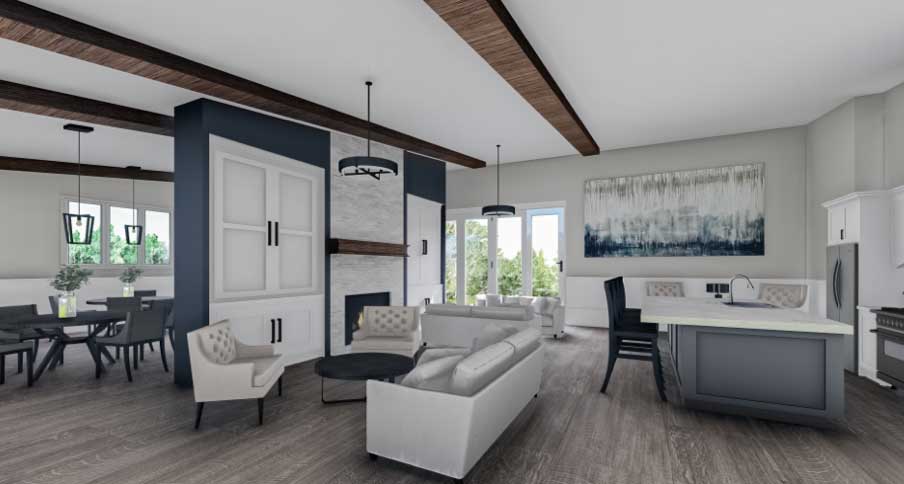 Georgian college, project by 4th year interior design student Cassandra Haire, kitchen and lounge area in modern farmhouse style