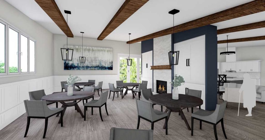 Georgian college, project by 4th year interior design student Casandra Haire, restaurant/cafeteria and lounge area in modern farmhouse style