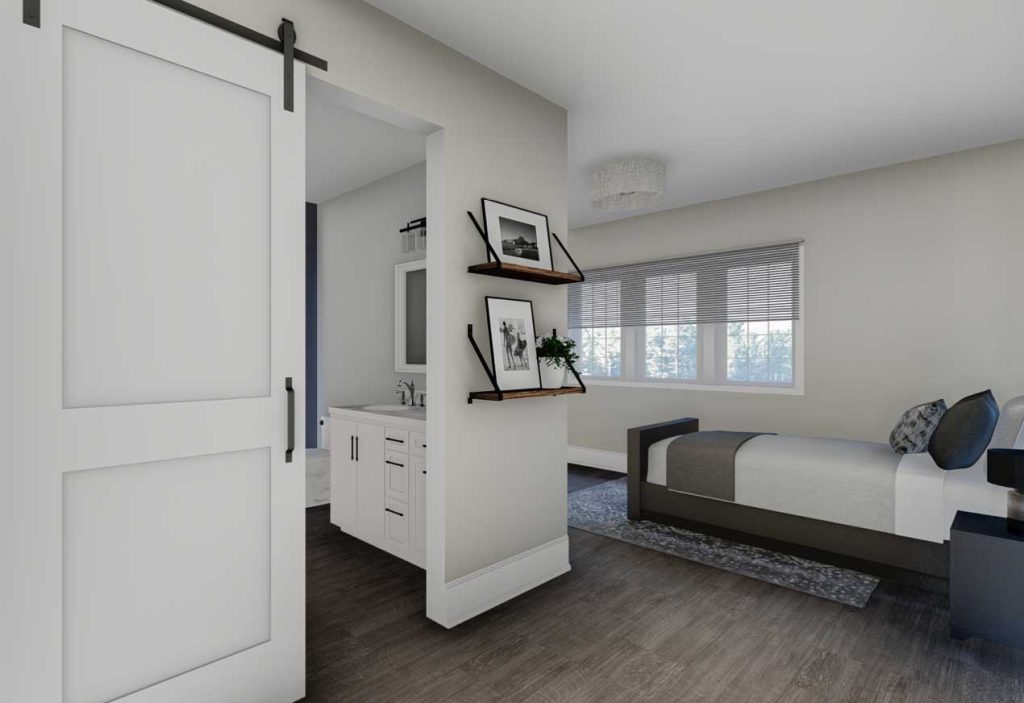 Georgian college, project by 4th year interior design student Cassandra Haire, bedroom interior in modern farmhouse style