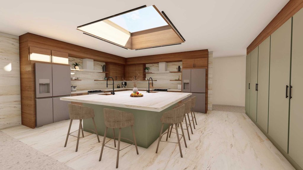 Georgian college, project by 4th year interior design student Jordon McIvor, kitchen interior in predominantly natural wooden finishes and tranquil green/grey colour