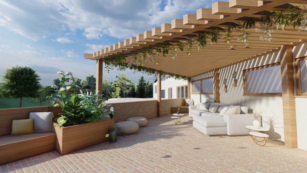 Georgian college, project by 4th year interior design student Jordon McIvor, outdoor patio area with greenery flowing down from the pergola