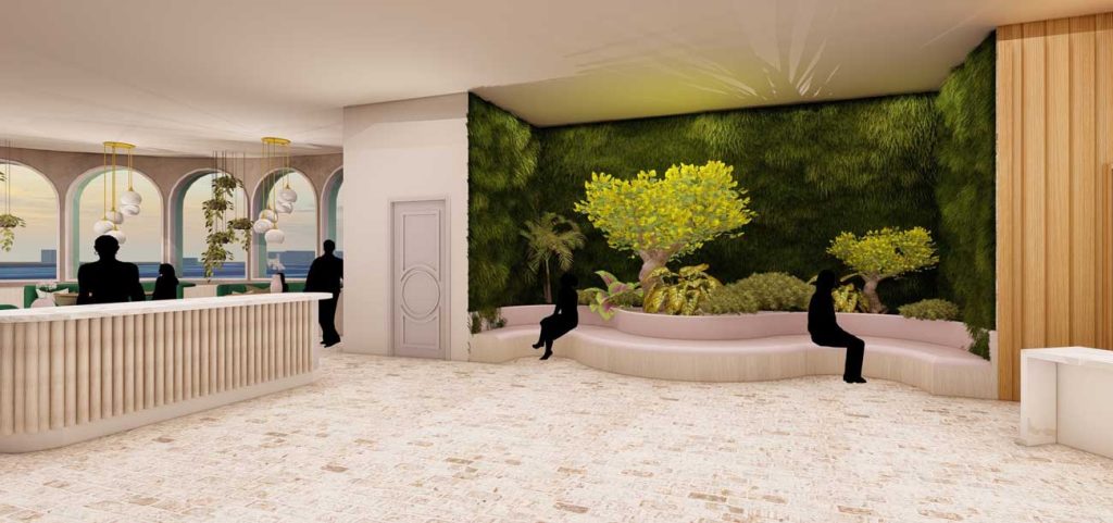 Georgian college, project by 4th year interior design student Laura Prete, waiting area with biophilic design in form of an indoor garden