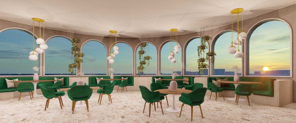 Georgian college, project by 4th year interior design student Laura Prete, restaurant with stunning views through wall full of arched windows