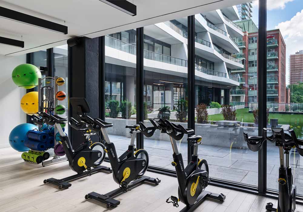 gym overlooking the outdoor garden
