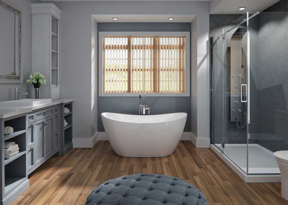 Free standing tub in the centre of the bathroom placed under the window, with a shower on one side and the vanity on the other