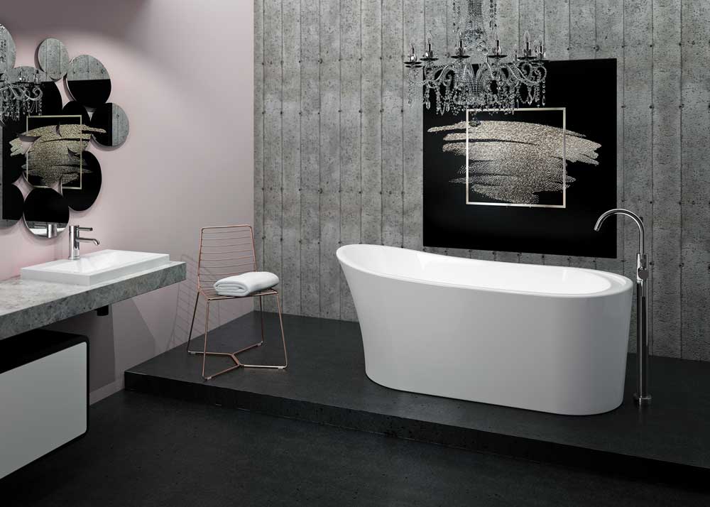 Modern bathroom with a free standing tub in clean lines in white against a gray and black finishes on the floor and walls