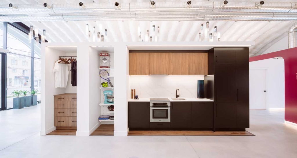 Vignette of the kitchen design with built in storage and shelving