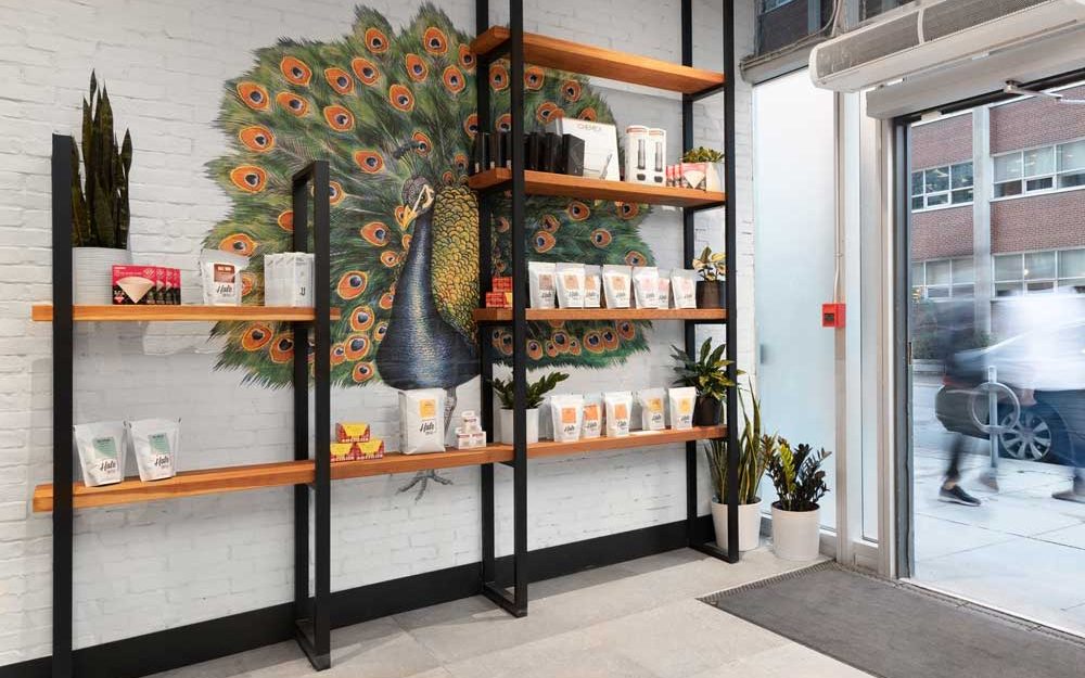 Mr. Peackock peeking through behind the industrial style wall shelving displaying product