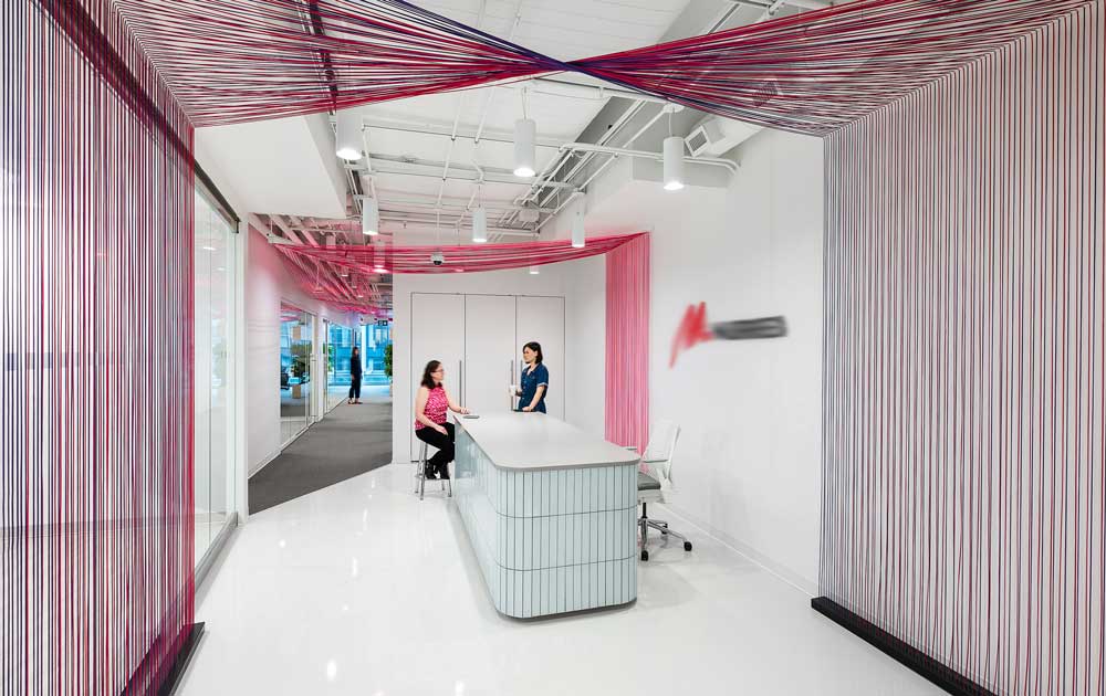 Front Lobby with the corded installation hanging above leading the way into the office space