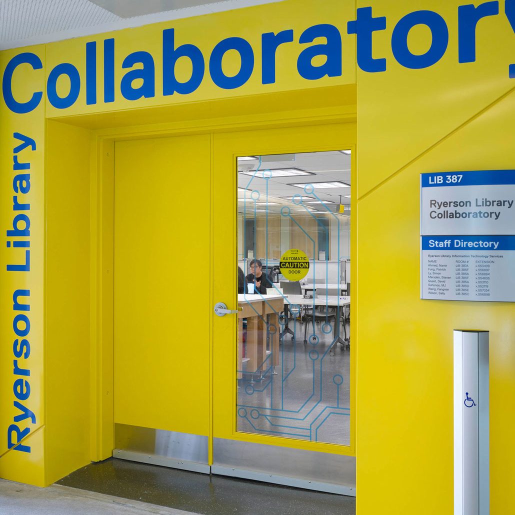 The dynamic and experimental purpose for the Ryerson Collaboratory is exemplified in the sunny yellow covering the entrance.