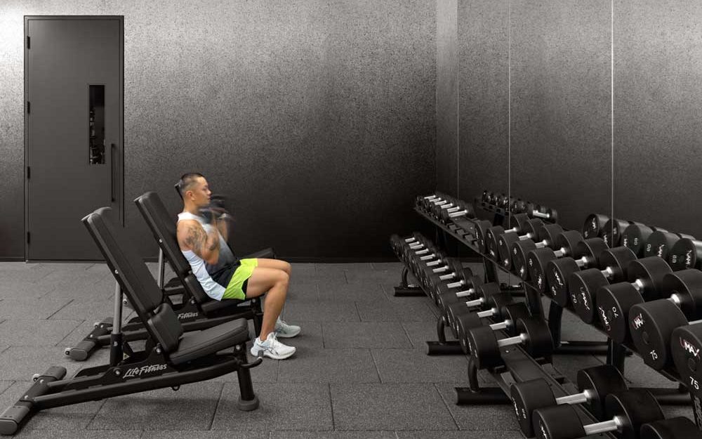 ombre wallpaper gradient goes from dark to light in the open workout area