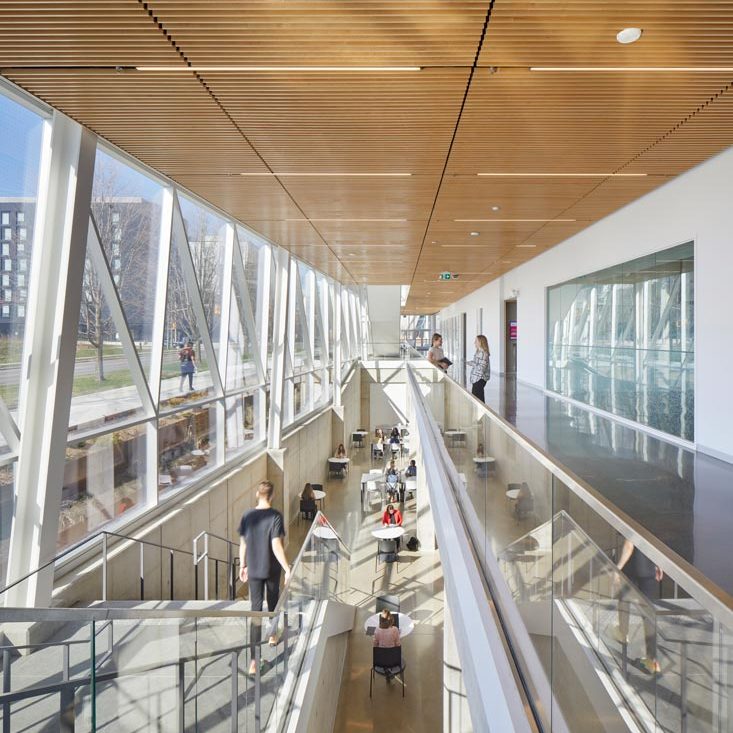 A view from the second level toward the opposite end of the building showing the entire wall of windows on one side and classrooms on the other, and wood slat ceilings above with linear lighting