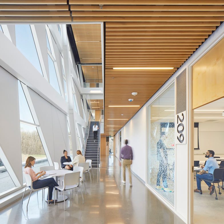 Wooden slat ceiling detail runs along the first and second level ceilings, while the geometric shaped window openings one side of the entire building bring in light and views