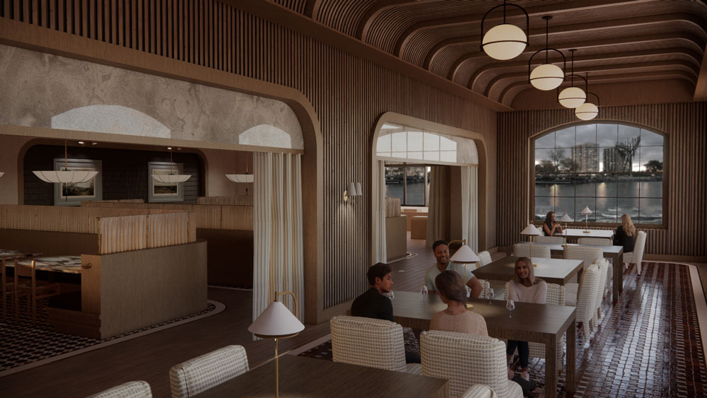 Brooke Hebner, from Georgian College designed the Village in earthy, neutral calming tones, in this dining area