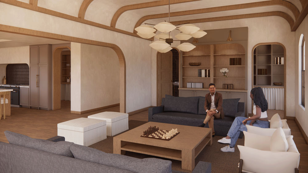 Brooke Hebner, from Georgian College designed the Village in earthy, neutral calming tones. This is a living room setting