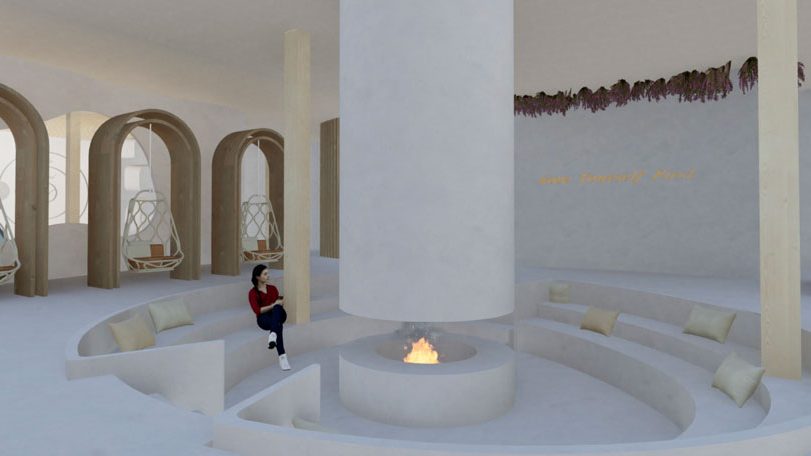 Hannah Hayes - LuxeLife Wellness, round lounge area around a small central fire place