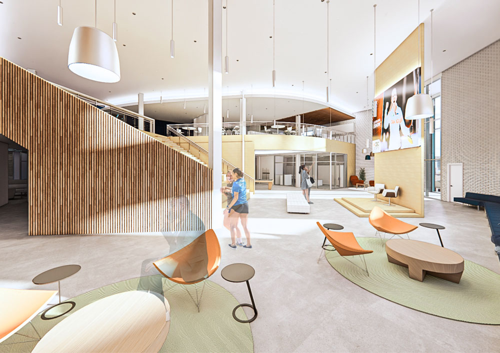 Jessica Byers - Athlete Development and Training Hub, double height focal area, main hall and common area with seating