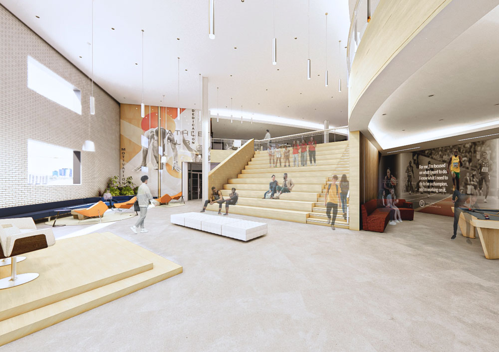 Jessica Byers - Athlete Development and Training Hub, double height focal area, main hall and common area with seating