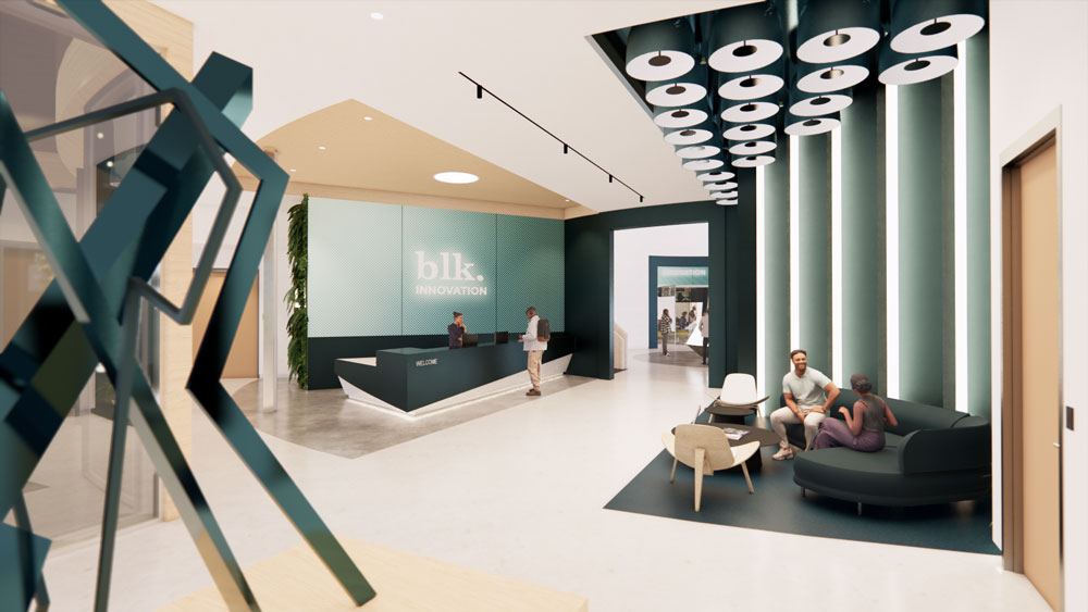 Jhenae Stephens - BLK Innovation, reception area with circular details on ceiling and liners detailing on the wall