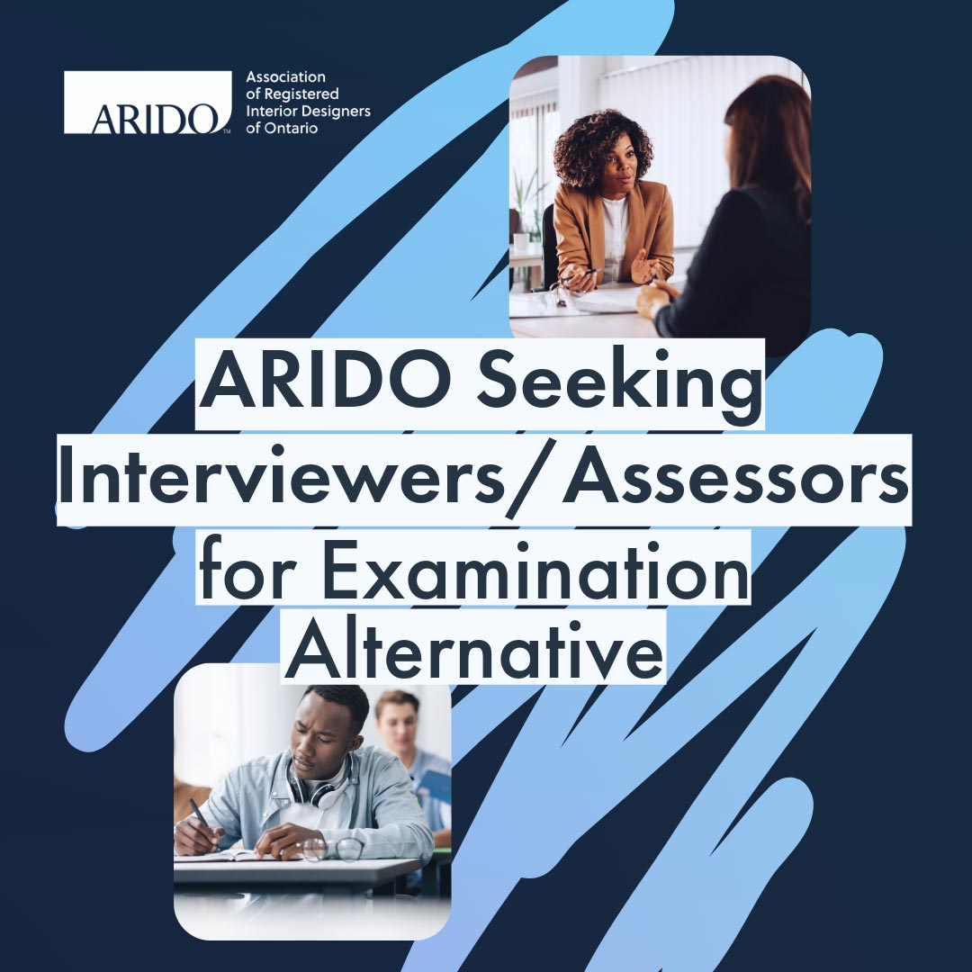 ARIDO Seeking Interviews and Assessors for Exam Alternative Graphic showing the title in the center and an image of a woman interviewing someone on top and on the bottom a student writing a test