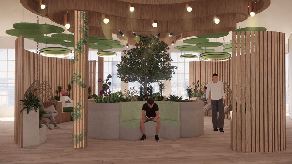 Gaming and Gambling Rehabilitation Centre, common area with round and biophilic elements throughout by Khloe Siskos from Sheridan College