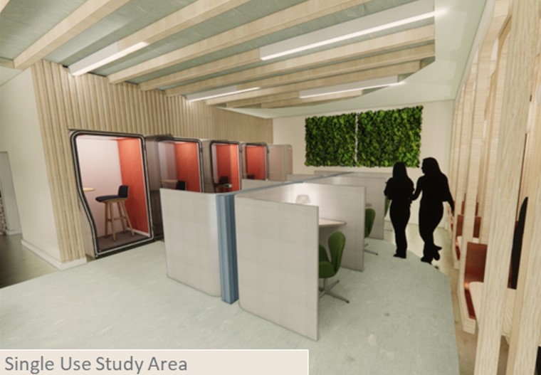 Library space with cubicles for individual work and sound proof booths for quiet study time