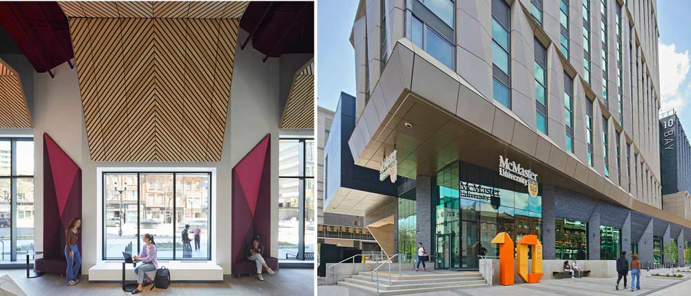 On the left is an image of the lobby area showing large windows and between them bright pink wall details, while above each window is a slatted wood details. On the right is a  photo a view of the building from the street.