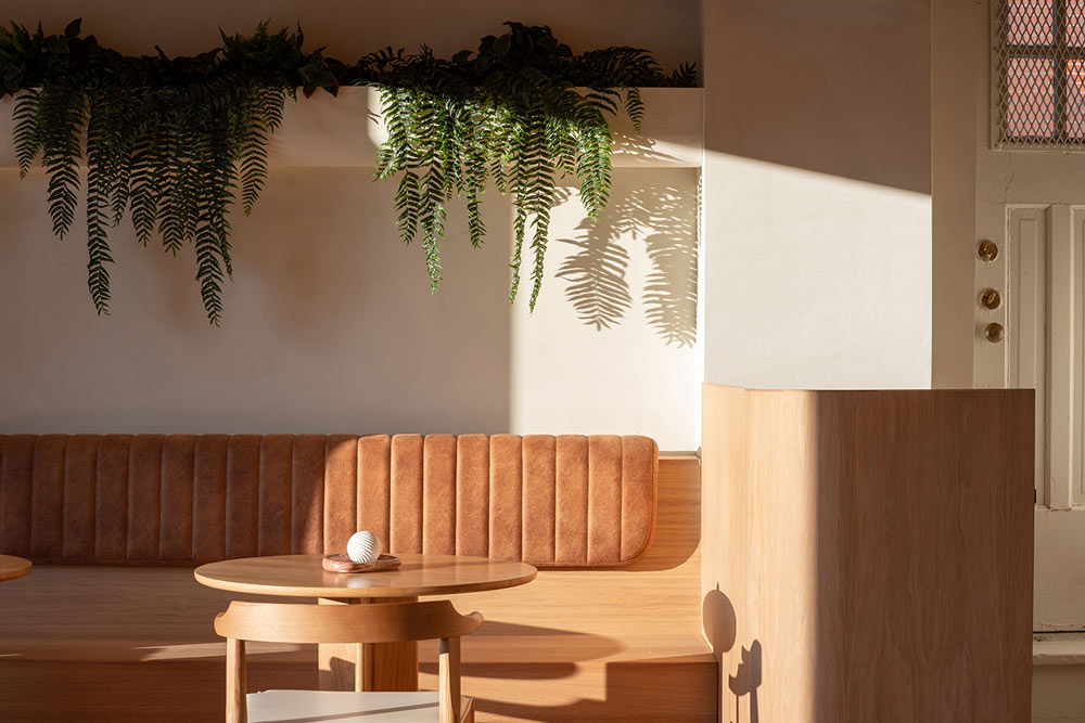 Seating area with a small round wooden table, and bench with upholstered back rest, and a plant hanging from a built in floating shelf above